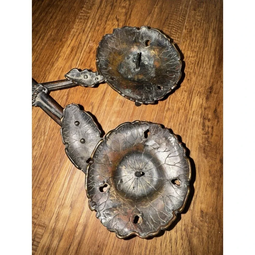Bronze Meiji period lotus/lilypad Candle Holder, Pair (2) stamped
